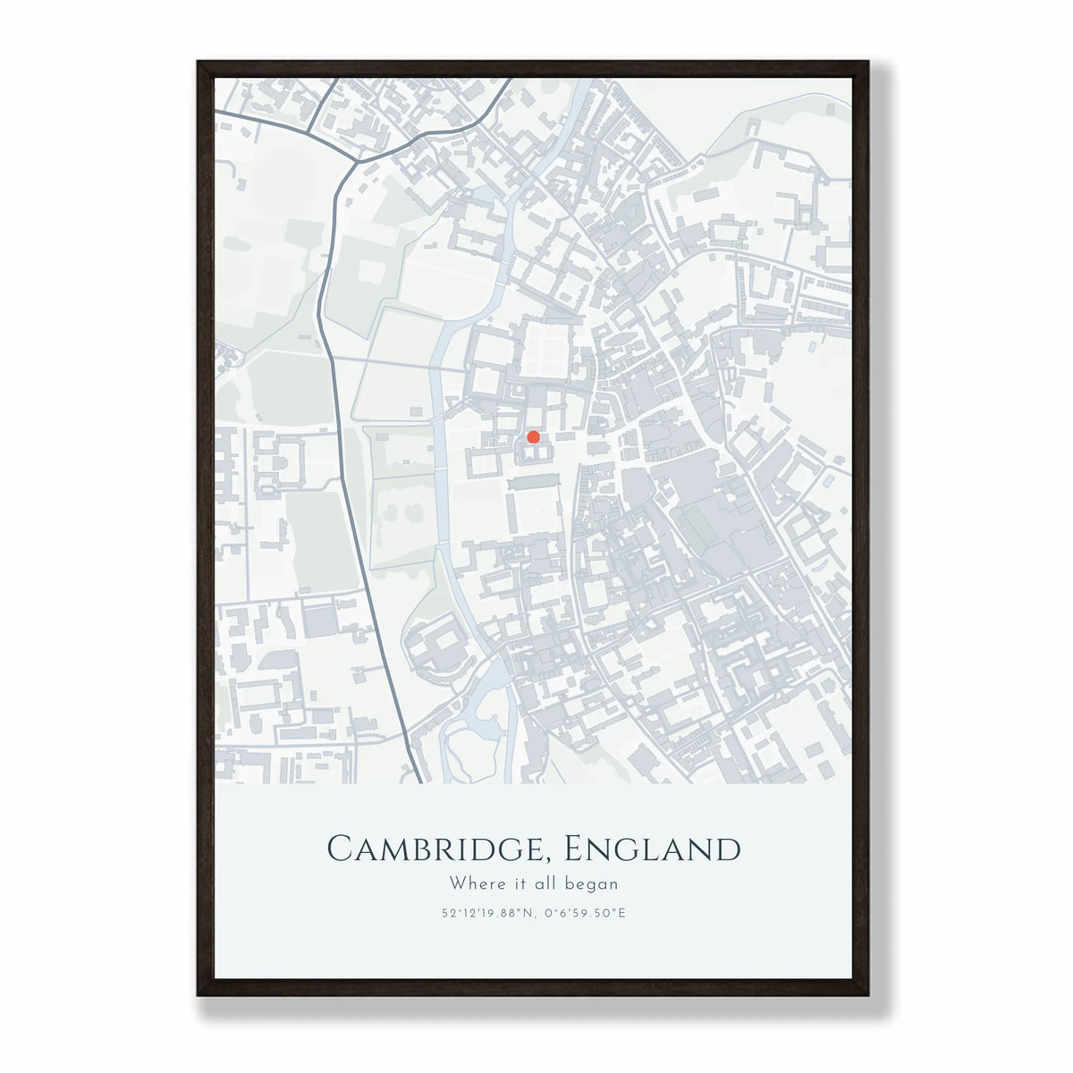 Personalised map print, in a black frame, A2 portrait