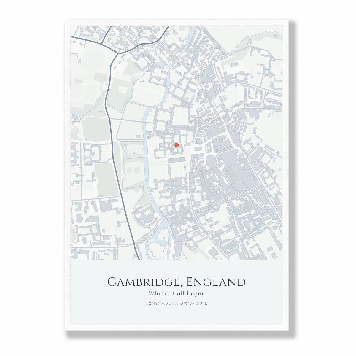 Personalised map print, in a white frame, A2 portrait