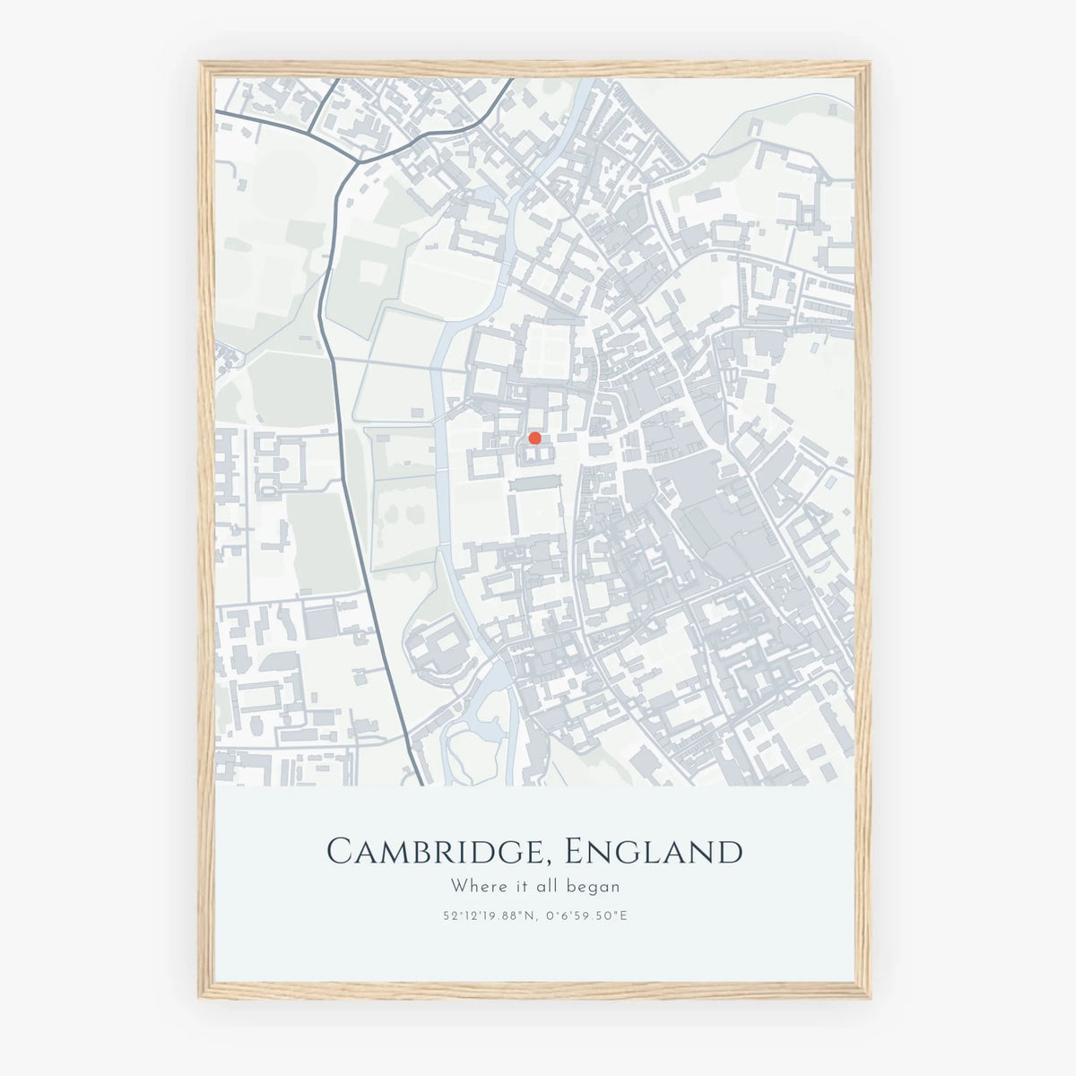 Personalised map print, in an oak coloured frame, A2 portrait