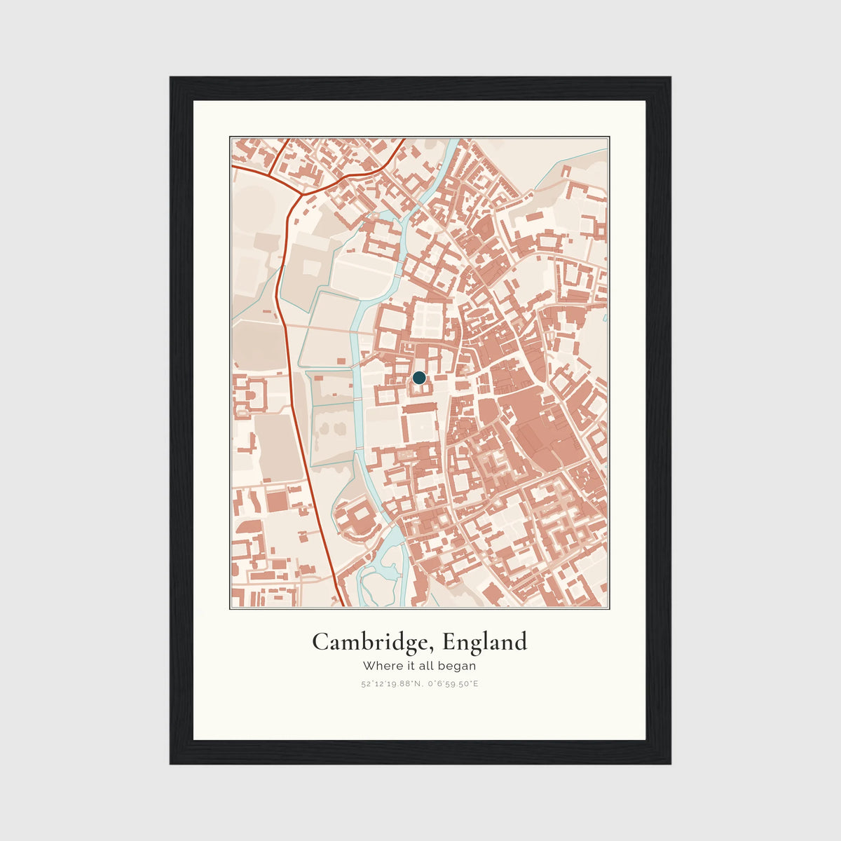Personalised map print, in a black frame, A4 portrait