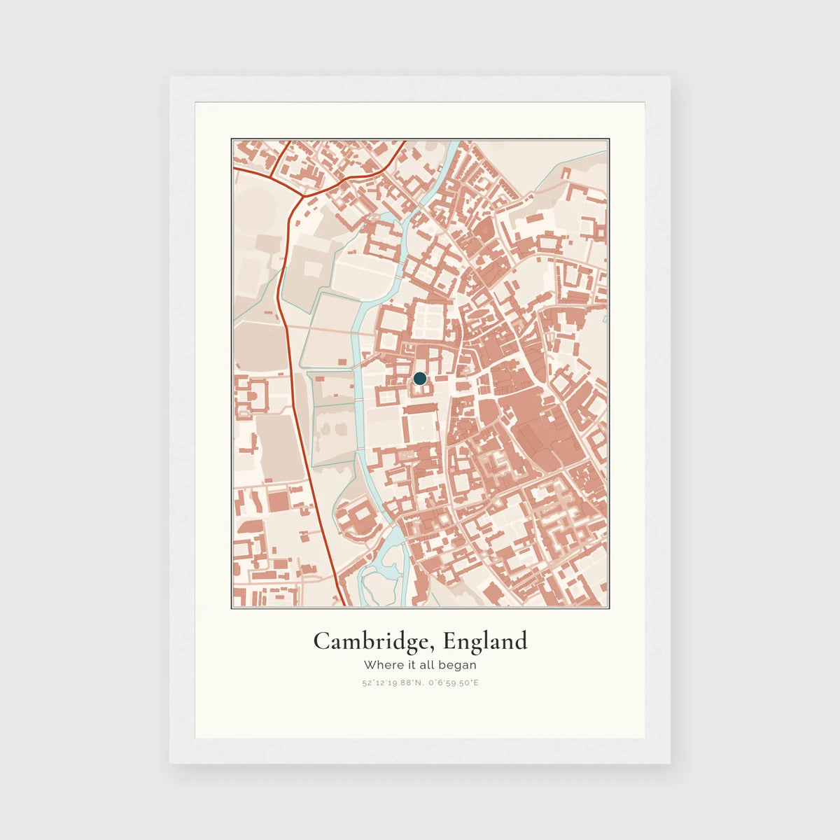 Personalised map print, in a white frame, A4 portrait