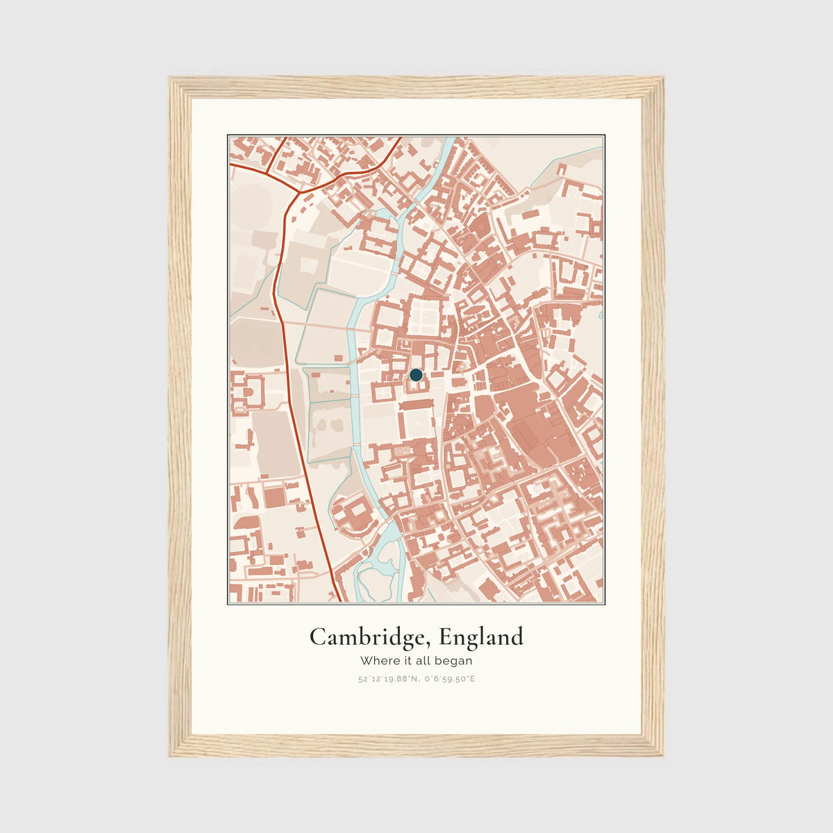 Personalised map print, in an oak coloured frame, A4 portrait