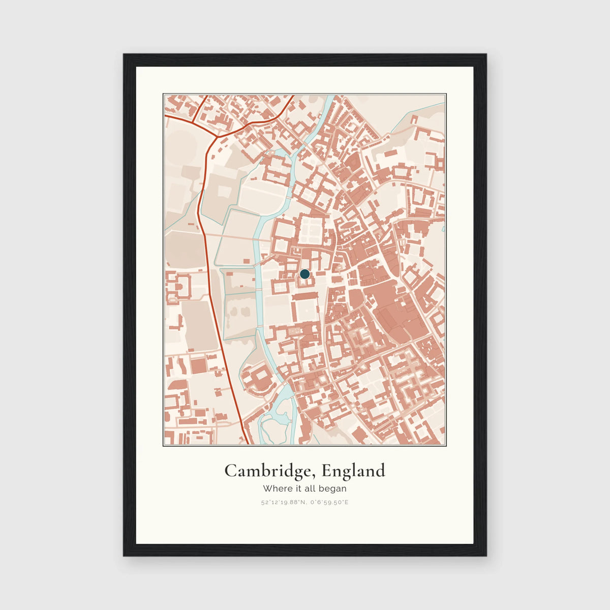 Personalised map print, in a black frame, A3 portrait