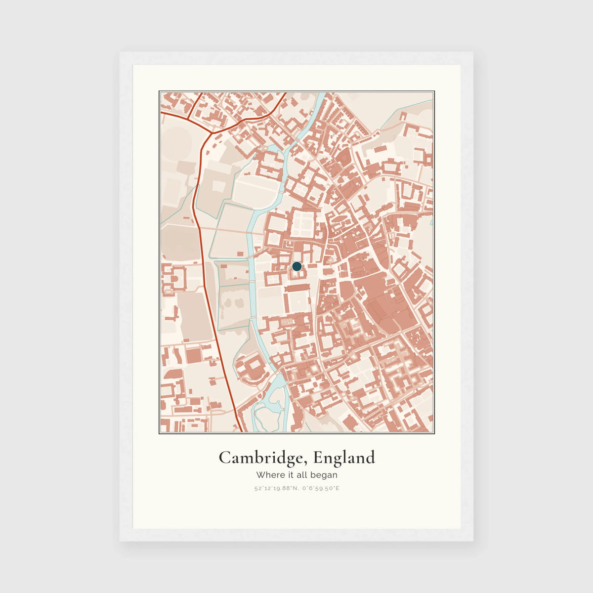 Personalised map print, in a white frame, A3 portrait