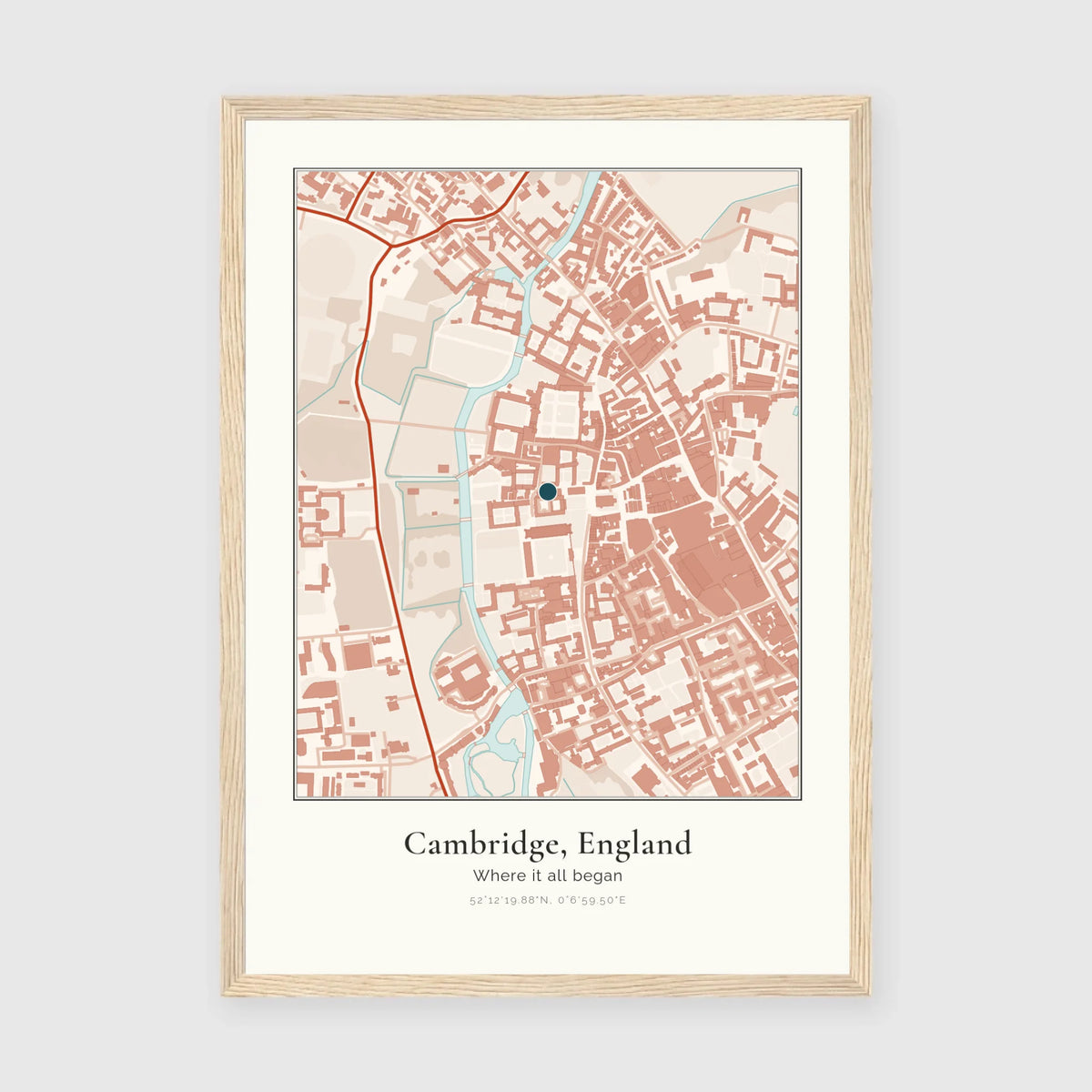 Personalised map print, in an oak coloured frame, A3 portrait