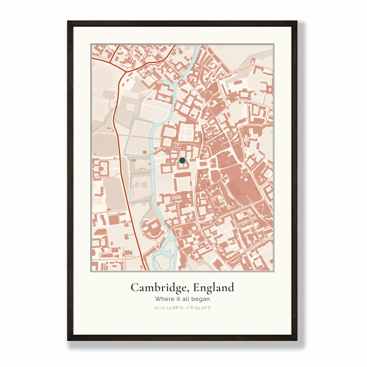 Personalised map print, in a black frame, A2 portrait
