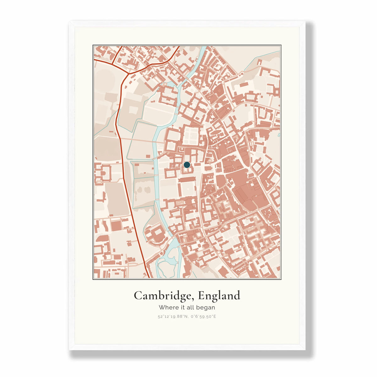 Personalised map print, in a white frame, A2 portrait