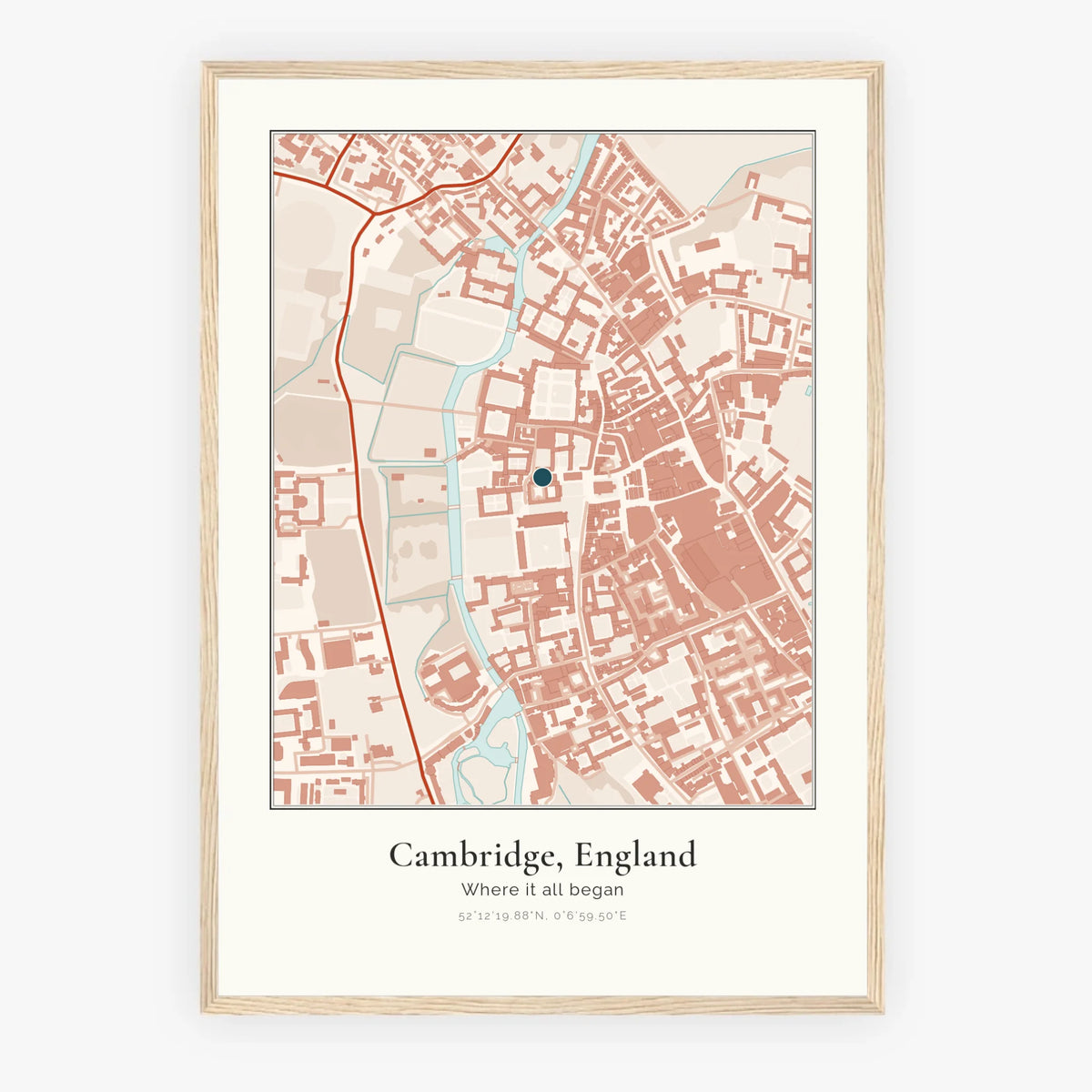 Personalised map print, in an oak coloured frame, A2 portrait