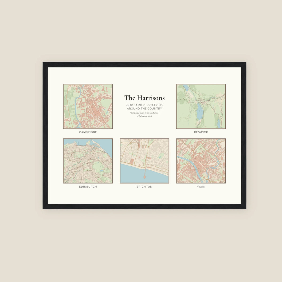 Personalised multi-location map print in a black frame, A3 landscape, with five maps of Cambridge, Keswick, Edinburgh, Brighton and York set around the title The Harrisons