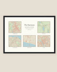 Personalised multi-location map print in a black frame, A3 landscape, with five maps of Cambridge, Keswick, Edinburgh, Brighton and York set around the title The Harrisons