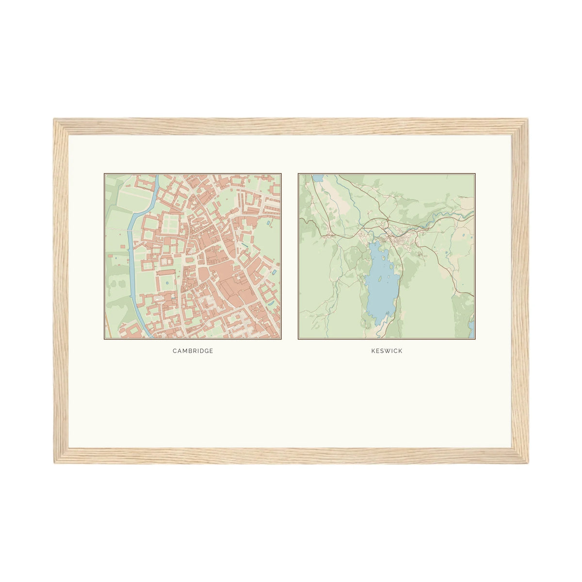 Personalised multi-location map print, in an oak coloured frame, A4 landscape