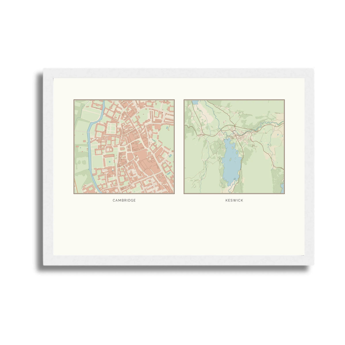 Personalised multi-location map print, in a white frame, A4 landscape