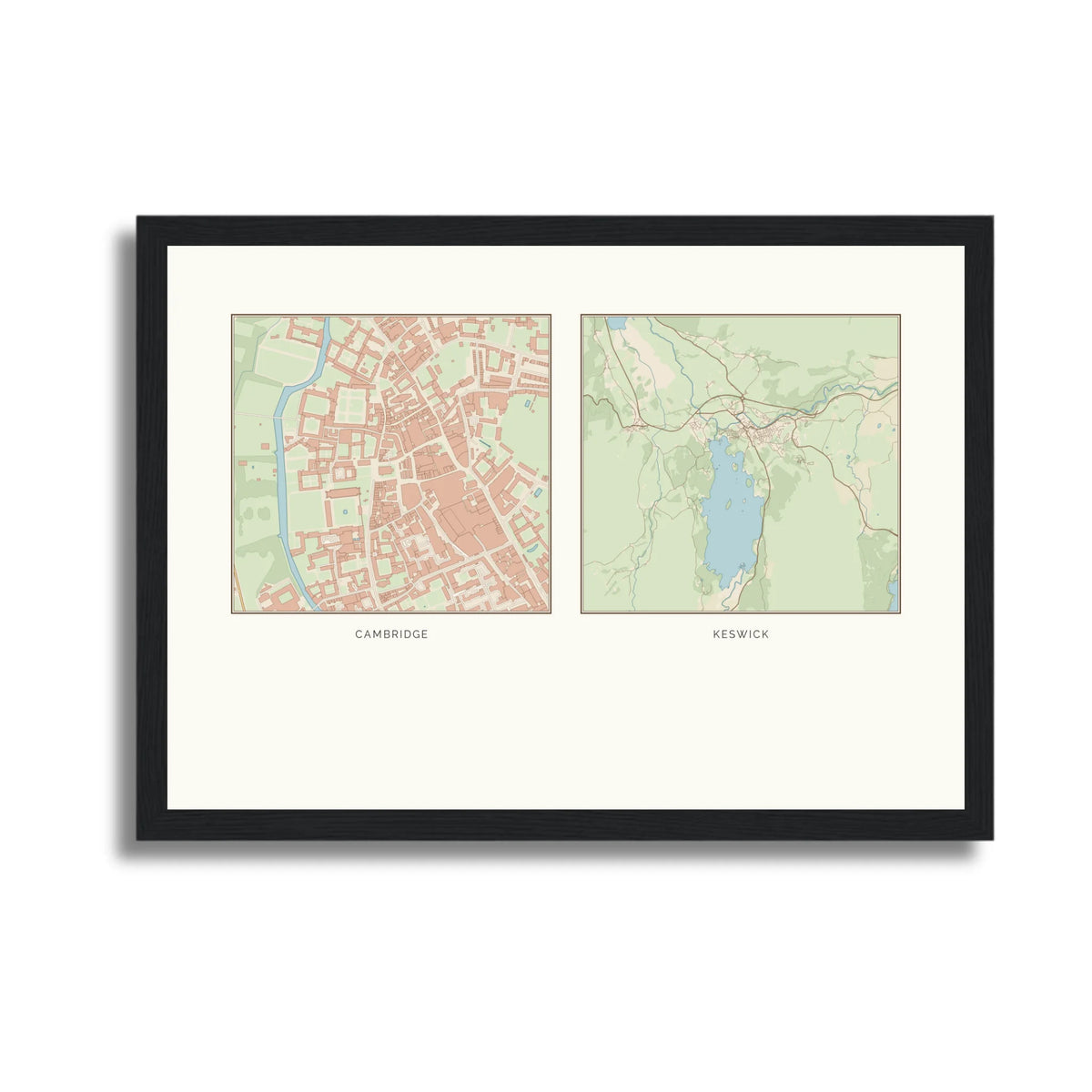 Personalised multi-location map print, in a black frame, A4 landscape