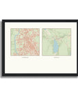 Personalised multi-location map print, in a black frame, A4 landscape