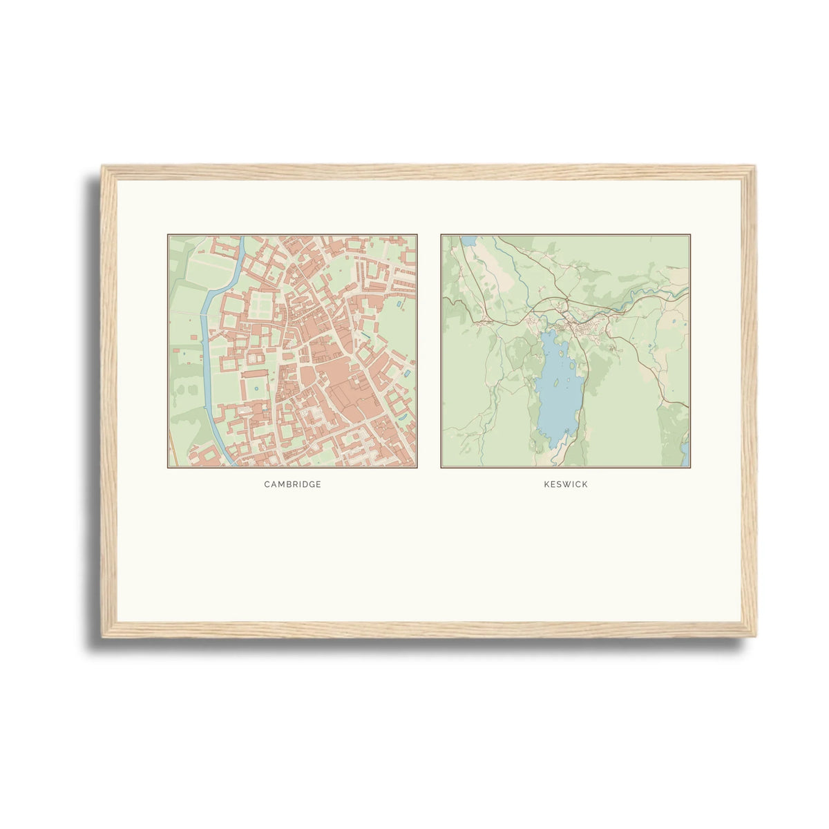Personalised multi-location map print, in an oak coloured frame, A3 landscape