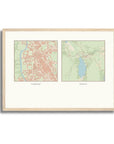 Personalised multi-location map print, in an oak coloured frame, A3 landscape