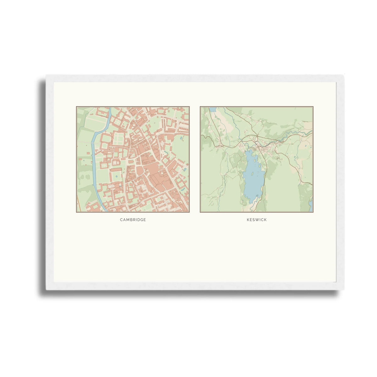 Personalised multi-location map print, in a white frame, A3 landscape