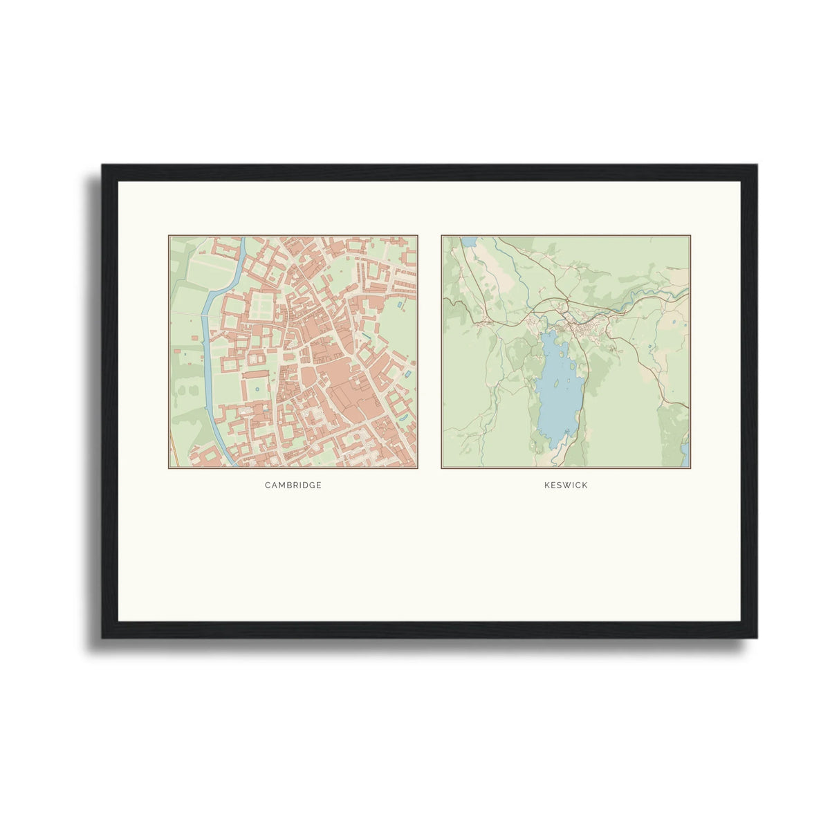 Personalised multi-location map print, in a black frame, A3 landscape