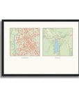 Personalised multi-location map print, in a black frame, A3 landscape