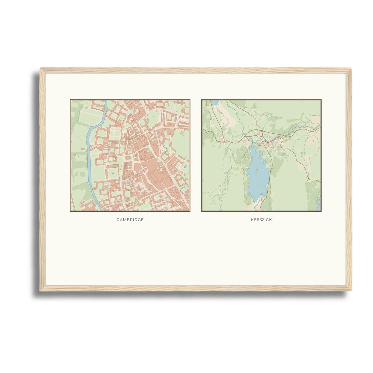 Personalised multi-location map print, in an oak coloured frame, A2 landscape