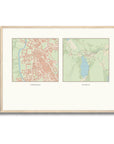 Personalised multi-location map print, in an oak coloured frame, A2 landscape