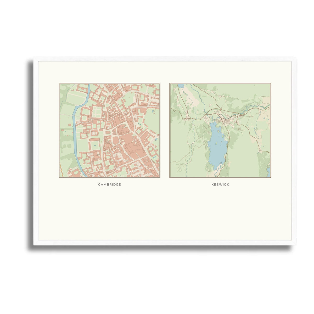 Personalised multi-location map print, in a white frame, A2 landscape