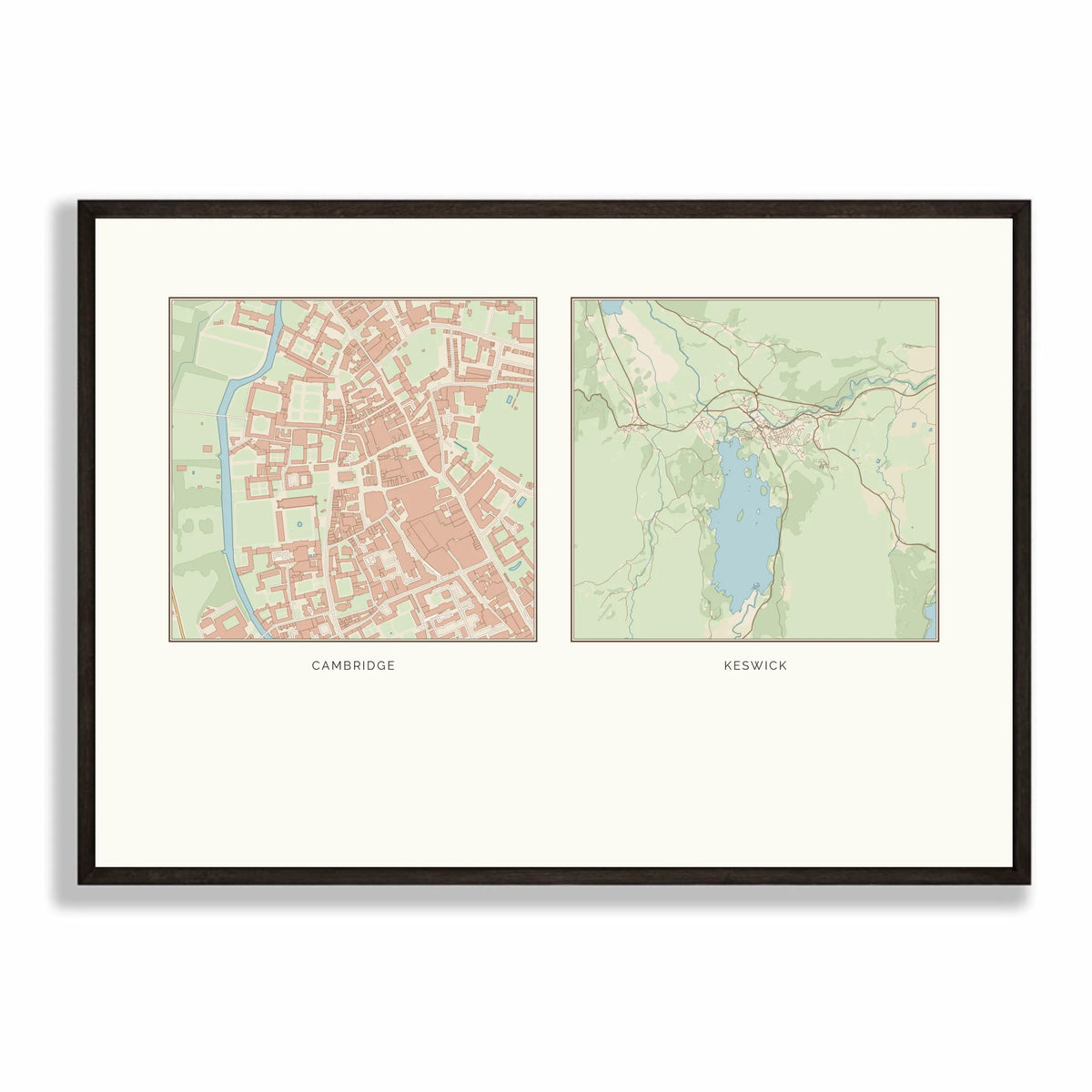 Personalised multi-location map print, in a black frame, A2 landscape