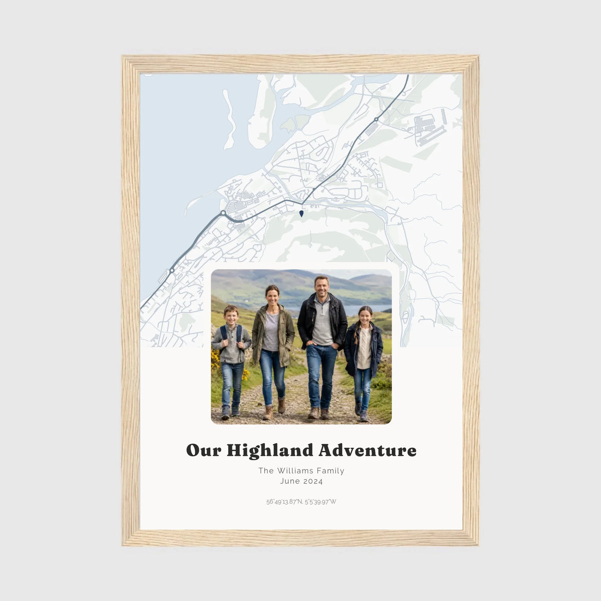 Personalised map & photo print, Waypoint, in an oak coloured frame, A4 portrait
