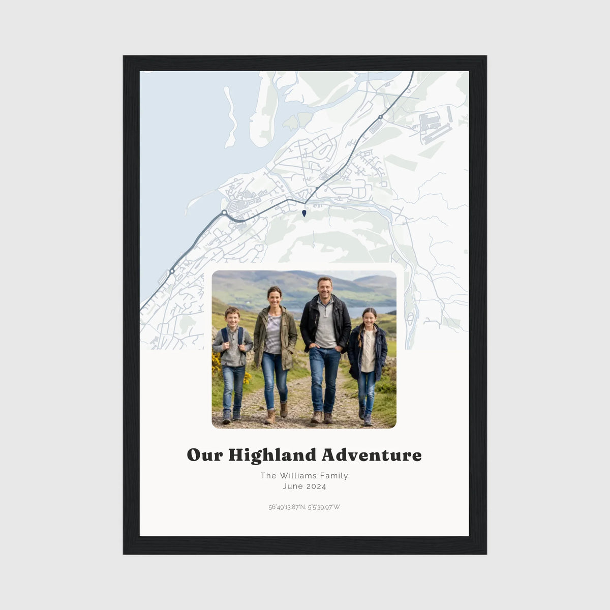 Personalised map & photo print, Waypoint, in a black frame, A4 portrait
