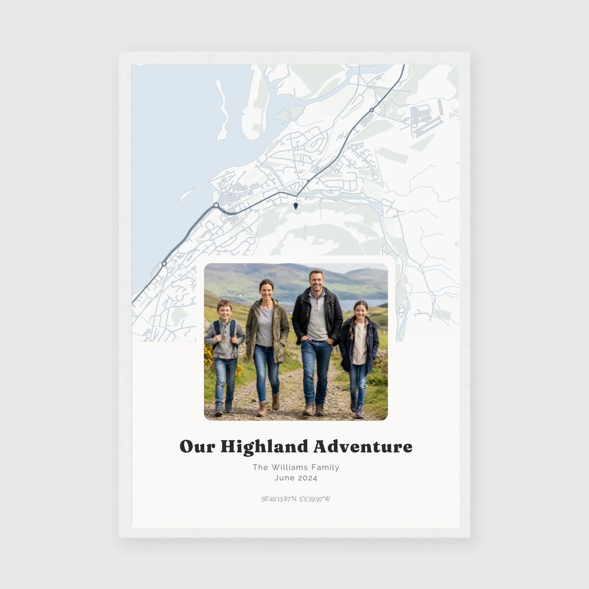 Personalised map &amp; photo print, Waypoint, in a white frame, A3 portrait