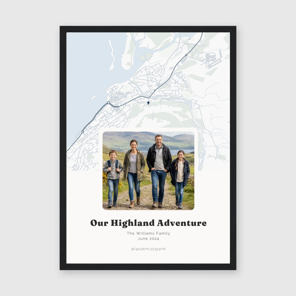 Personalised map &amp; photo print, Waypoint, in a black frame, A3 portrait