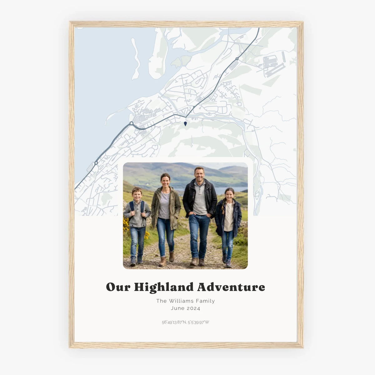 Personalised map &amp; photo print, Waypoint, in an oak coloured frame, A2 portrait