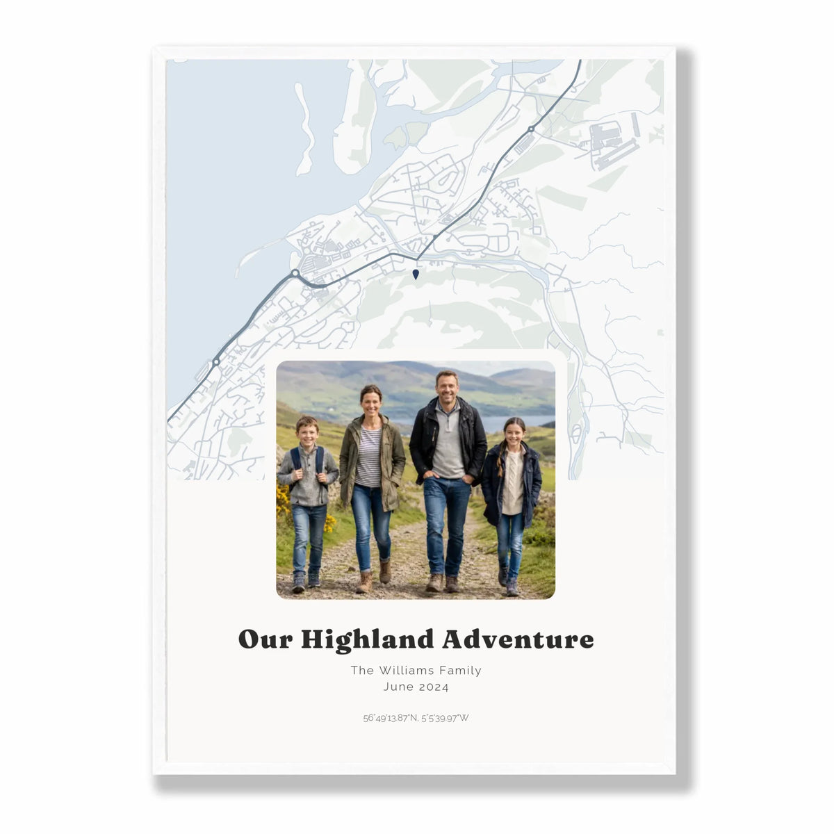 Personalised map &amp; photo print, Waypoint, in a white frame, A2 portrait