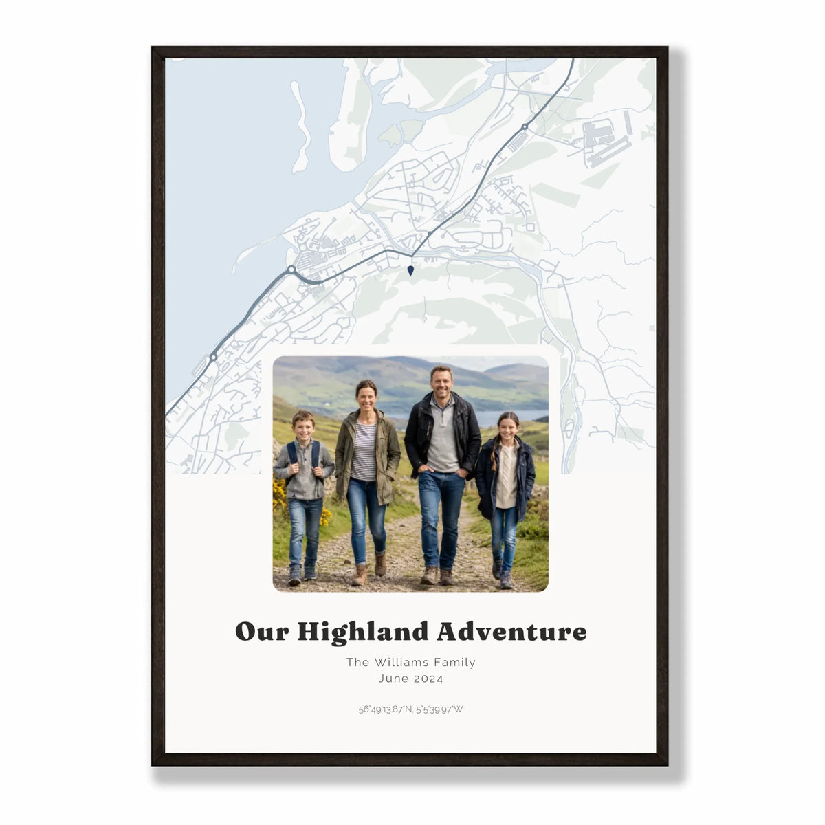 Personalised map &amp; photo print, Waypoint, in a black frame, A2 portrait