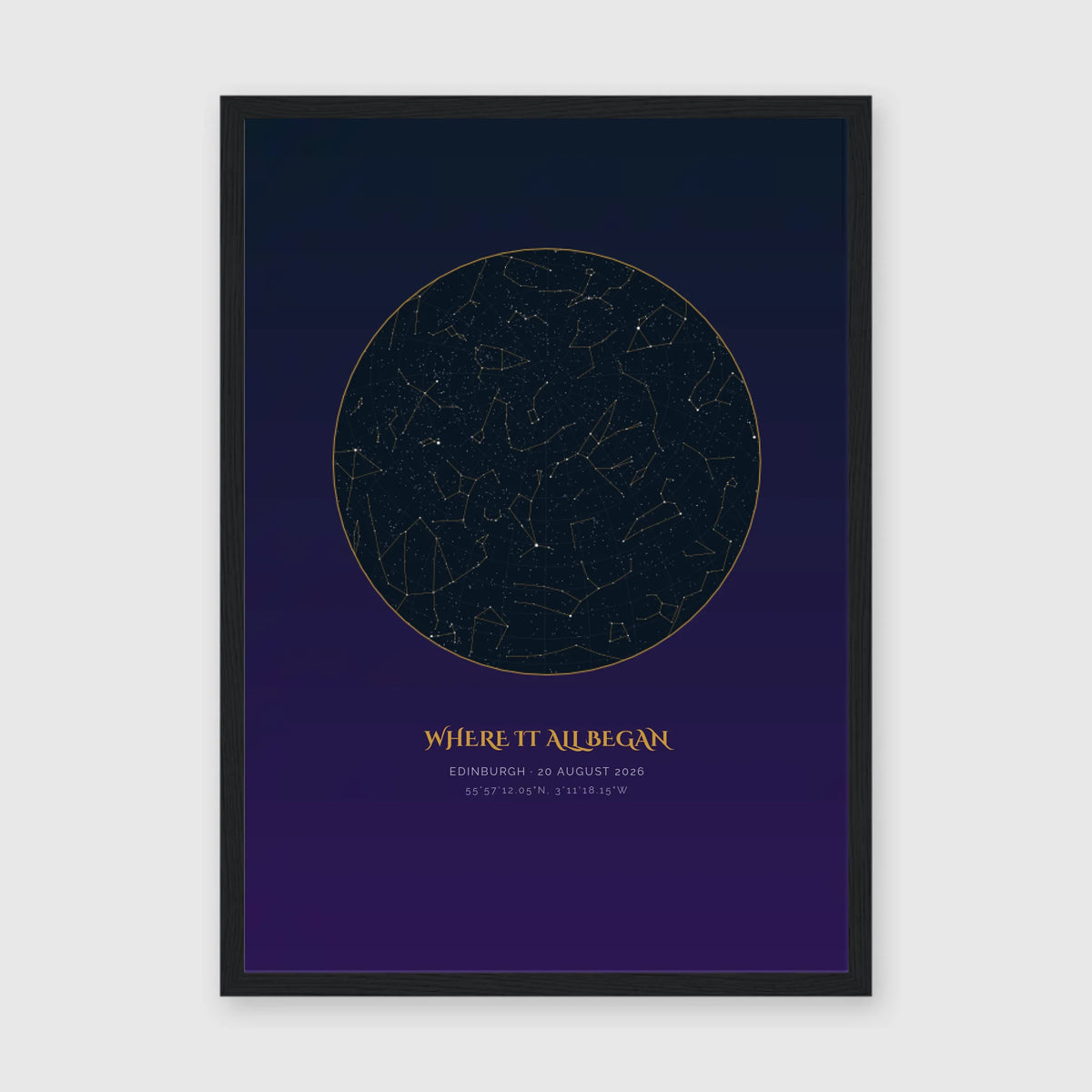 Personalised star map print, Aurum, in a black frame, A3 portrait