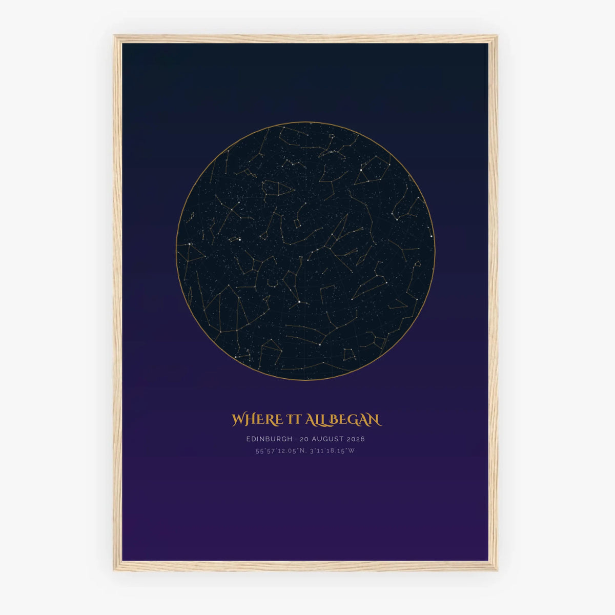 Personalised star map print, Aurum, in an oak coloured frame, A2 portrait