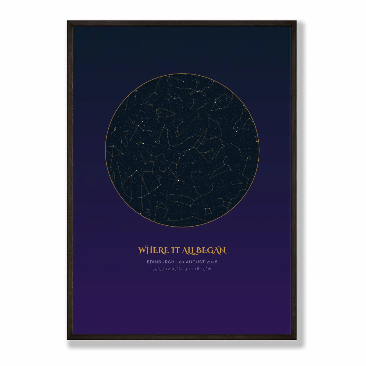 Personalised star map print, Aurum, in a black frame, A2 portrait