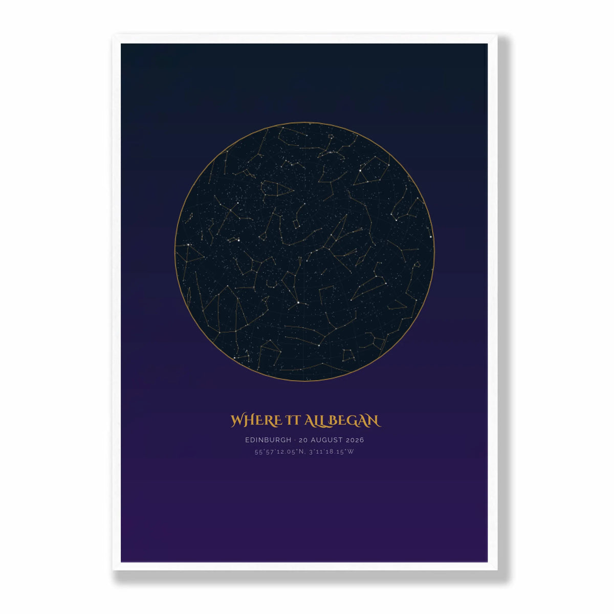 Personalised star map print, Aurum, in a white frame, A2 portrait