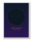 Personalised star map print, Aurum, in a white frame, A2 portrait