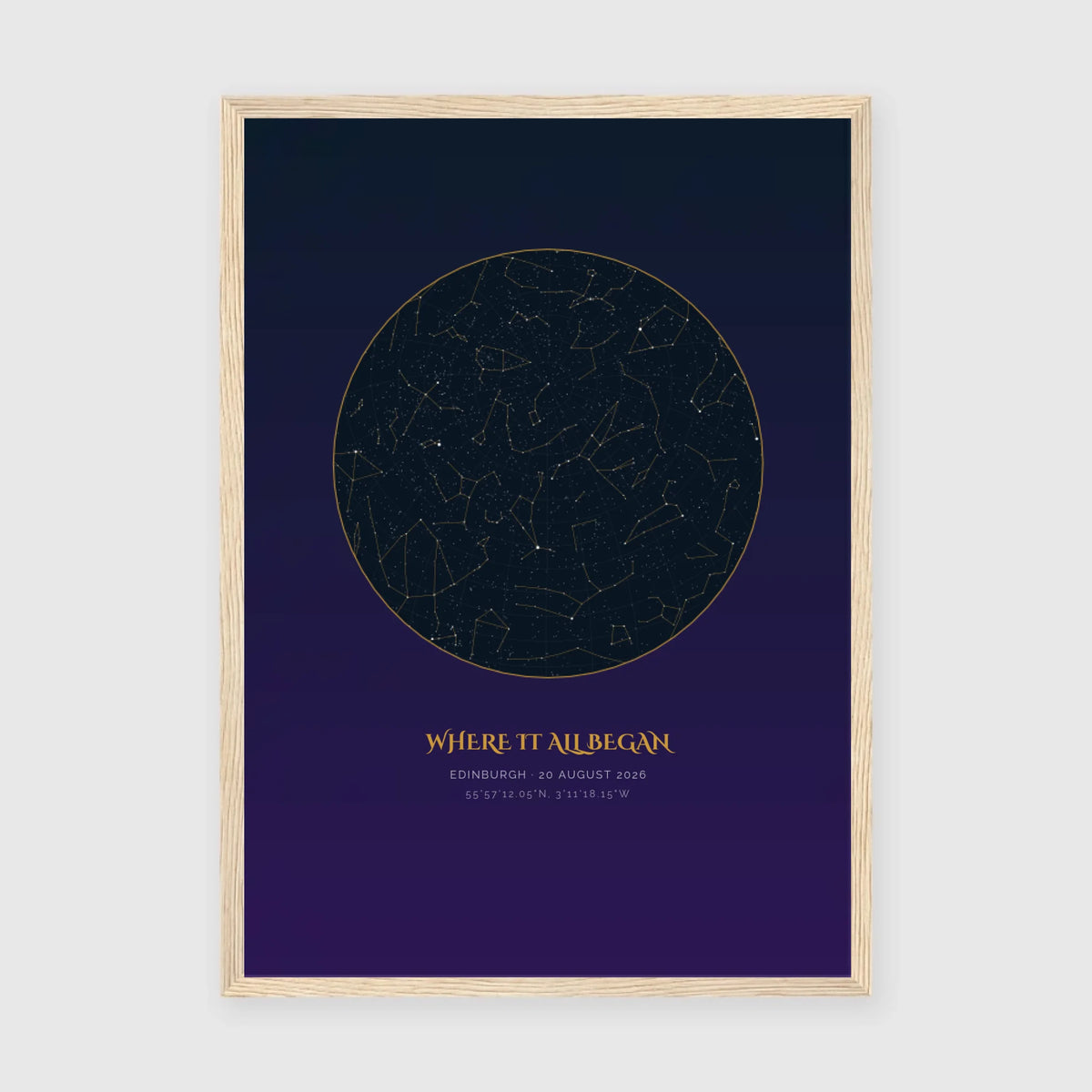 Personalised star map print, Aurum, in an oak coloured frame, A3 portrait