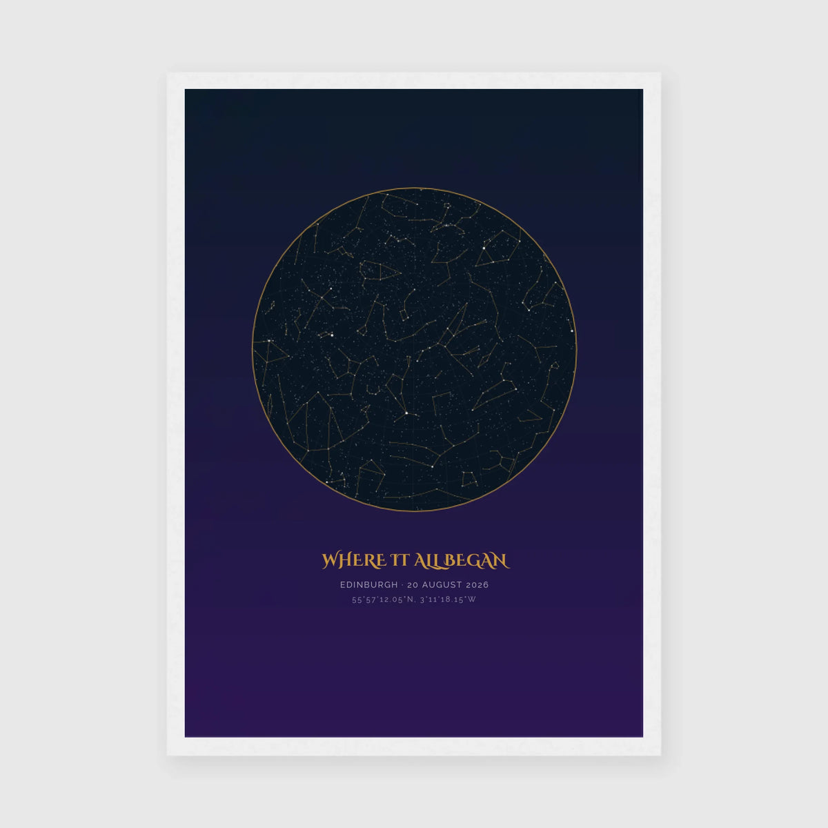 Personalised star map print, Aurum, in a white frame, A3 portrait