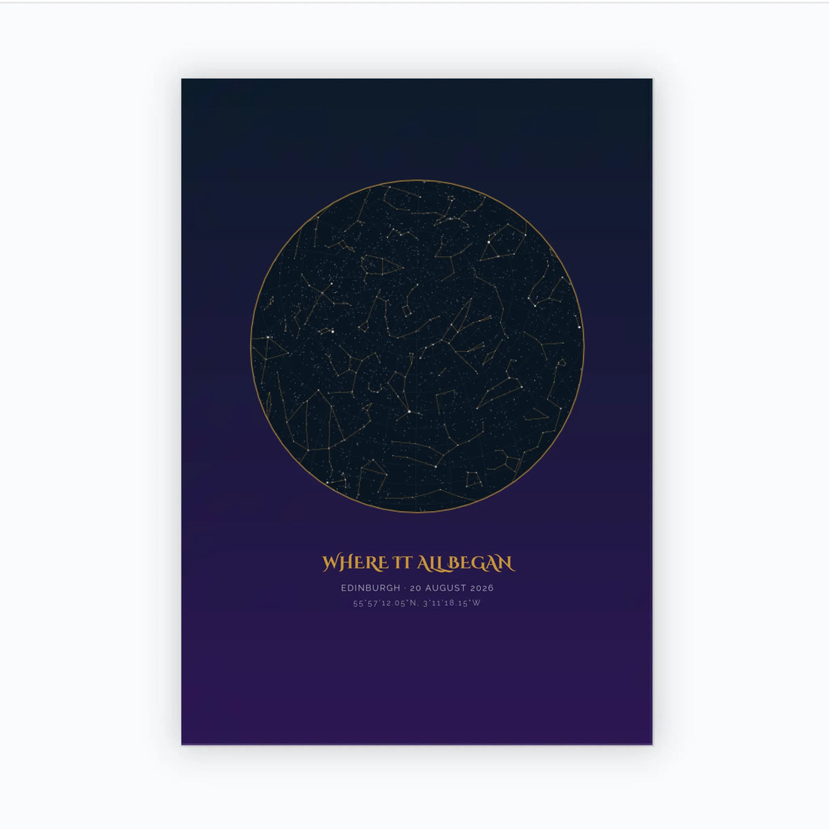 Personalised star map print, Aurum, unframed print, A3 portrait