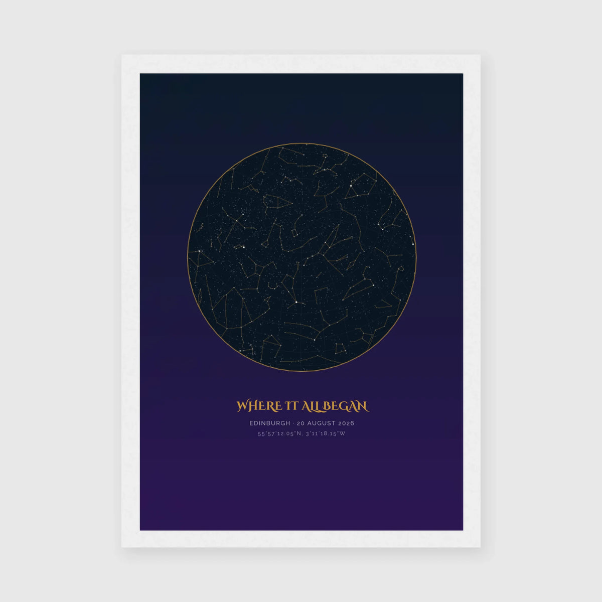 Personalised star map print, Aurum, in a white frame, A4 portrait