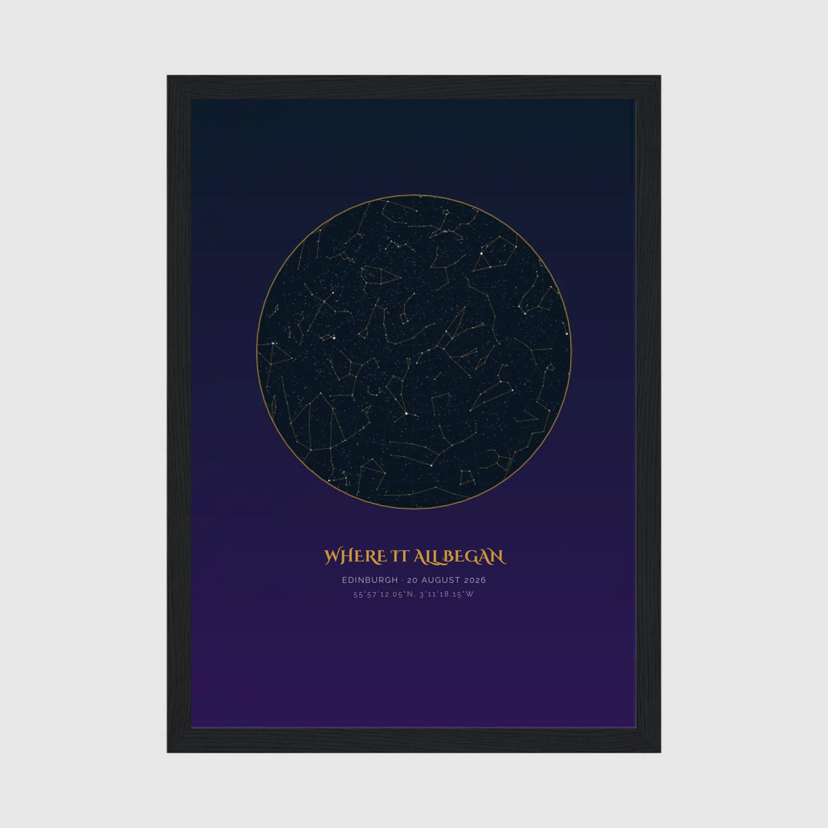 Personalised star map print, Aurum, in a black frame, A4 portrait