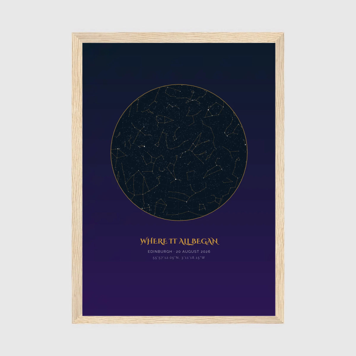 Personalised star map print, Aurum, in an oak coloured frame, A4 portrait