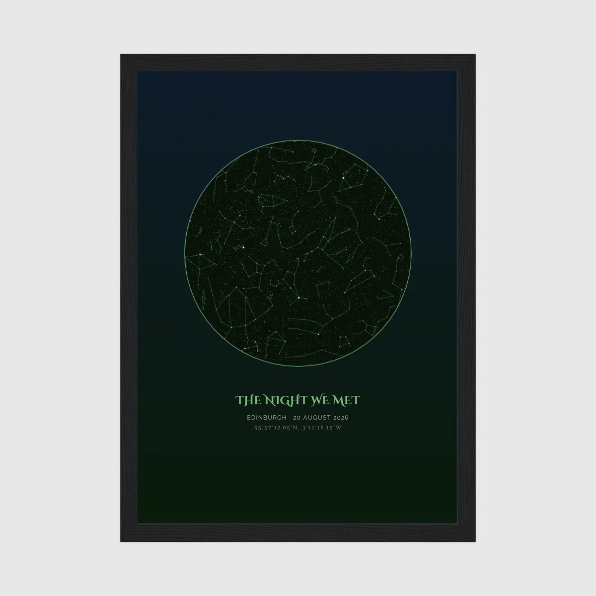 Personalised star map print, Verdant, in a black frame, A4 portrait