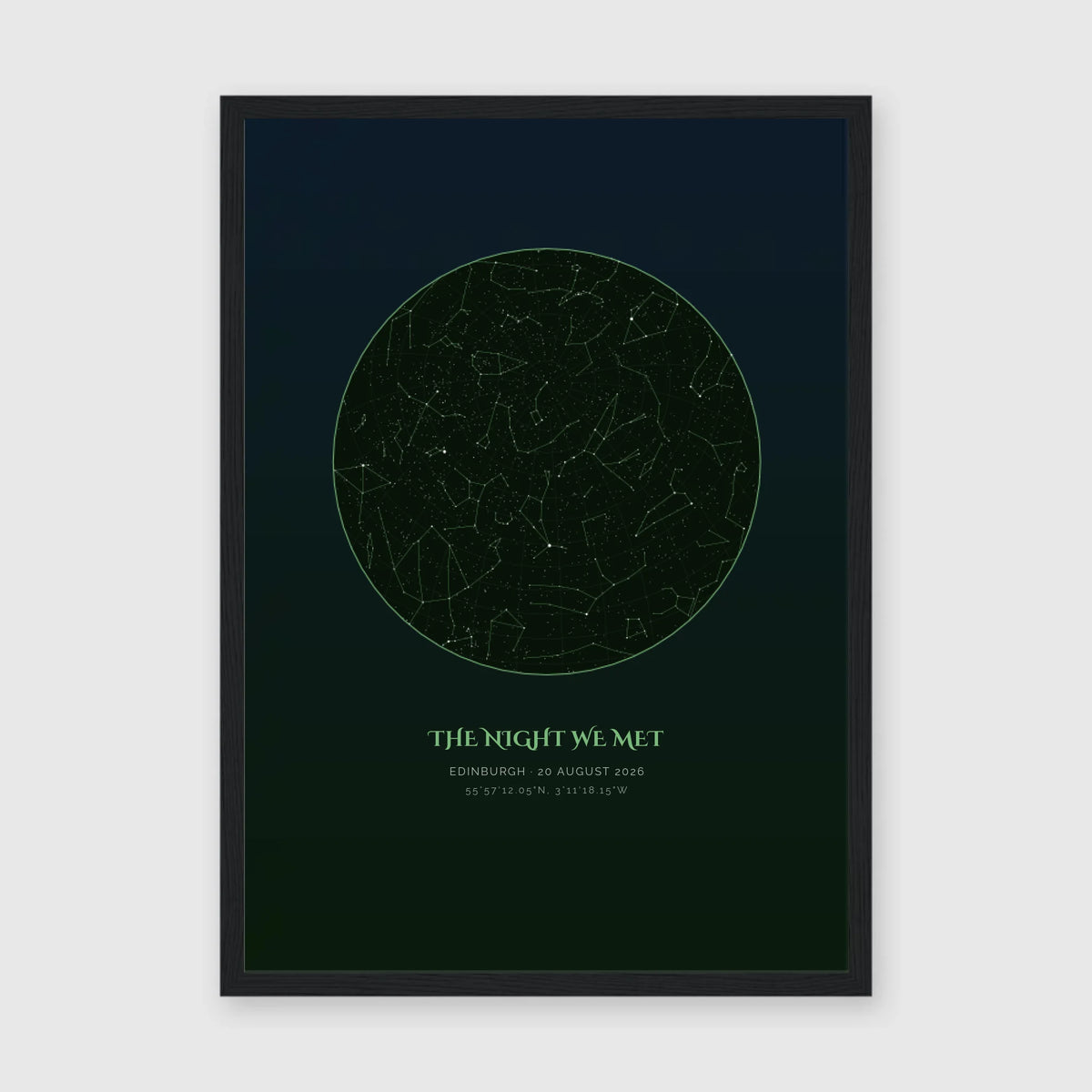 Personalised star map print, Verdant, in a black frame, A3 portrait