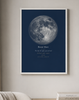 A white-framed moon phase print in a navy colourway, showing a detailed full moon against a dark blue sky, hanging above a stack of interior design books beside a curtained window and a throw blanket
