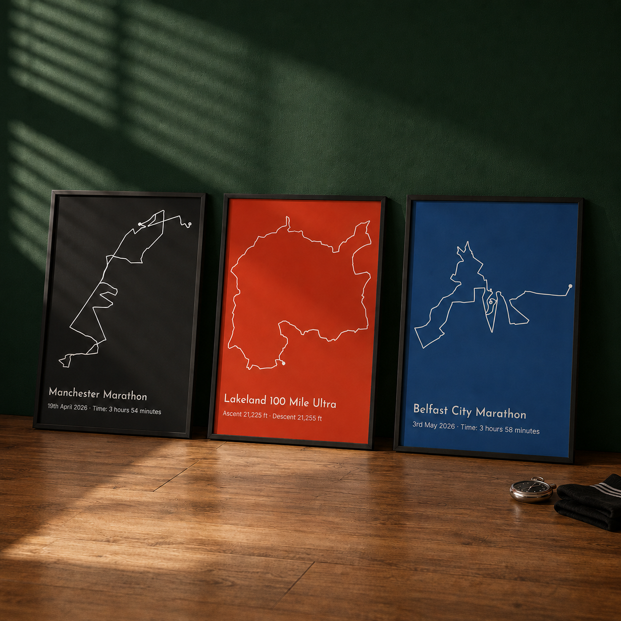 Three framed route map prints leaning against a wall — charcoal, terracotta, and navy backgrounds, each showing a white GPS route line for the Manchester Marathon, Lakeland 100 Mile Ultra, and Belfast City Marathon