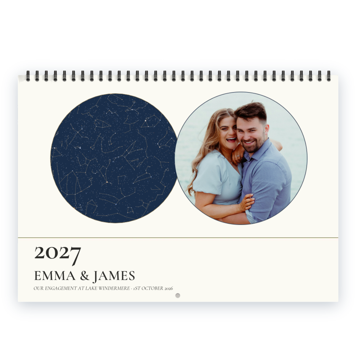 Front cover of the Personalised Star Map & Photo Calendar 2027 — Stars & Photos: a navy star map with gold constellation lines beside a round photo of a smiling engaged couple, and the caption “2027, Emma & James – Our engagement at Lake Windermere · 1st October 2026